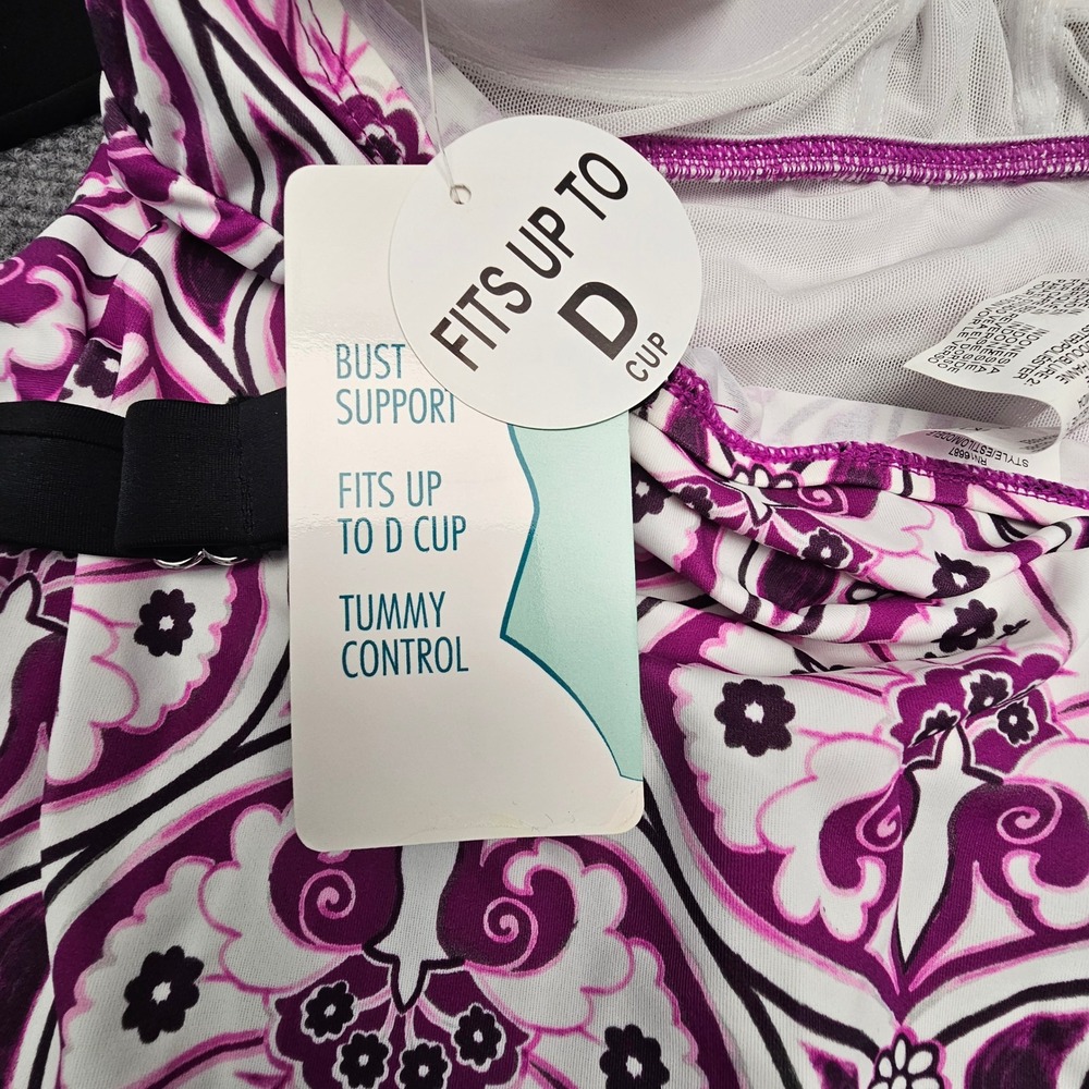 Swim Solutions Fauxkini 8 Magenta Triple Tier Paisley Tummy Control Swimsuit - Picture 10 of 11